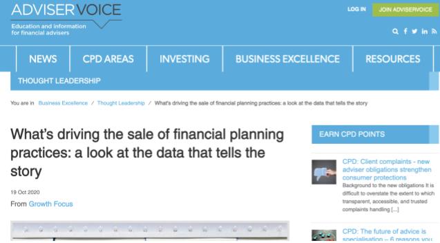 Adviser Voice Article – What’s driving the sale of financial planning practices: a look at the data that tells the story